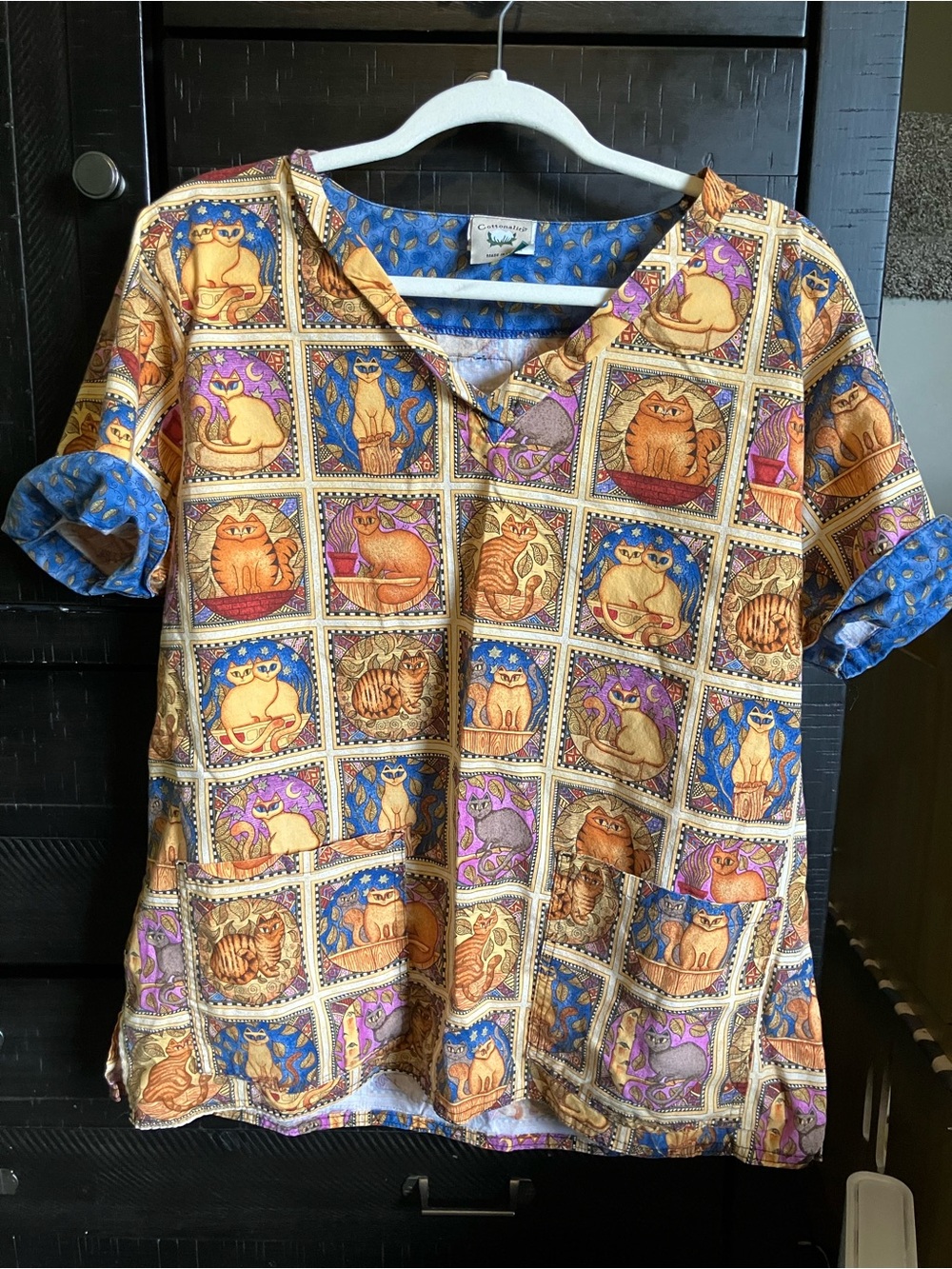 Cottonality 100% Cotton Cat Vignette Print Scrubs Top L